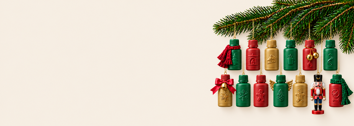 Twelve festive winter fragrance oil bottles hanging from a fir branch with a nutcracker